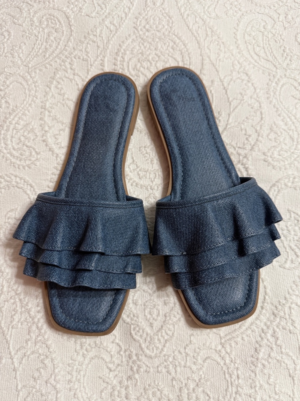 Report Slide Mules Size 9.5M Blue Jean Look with Ruffle